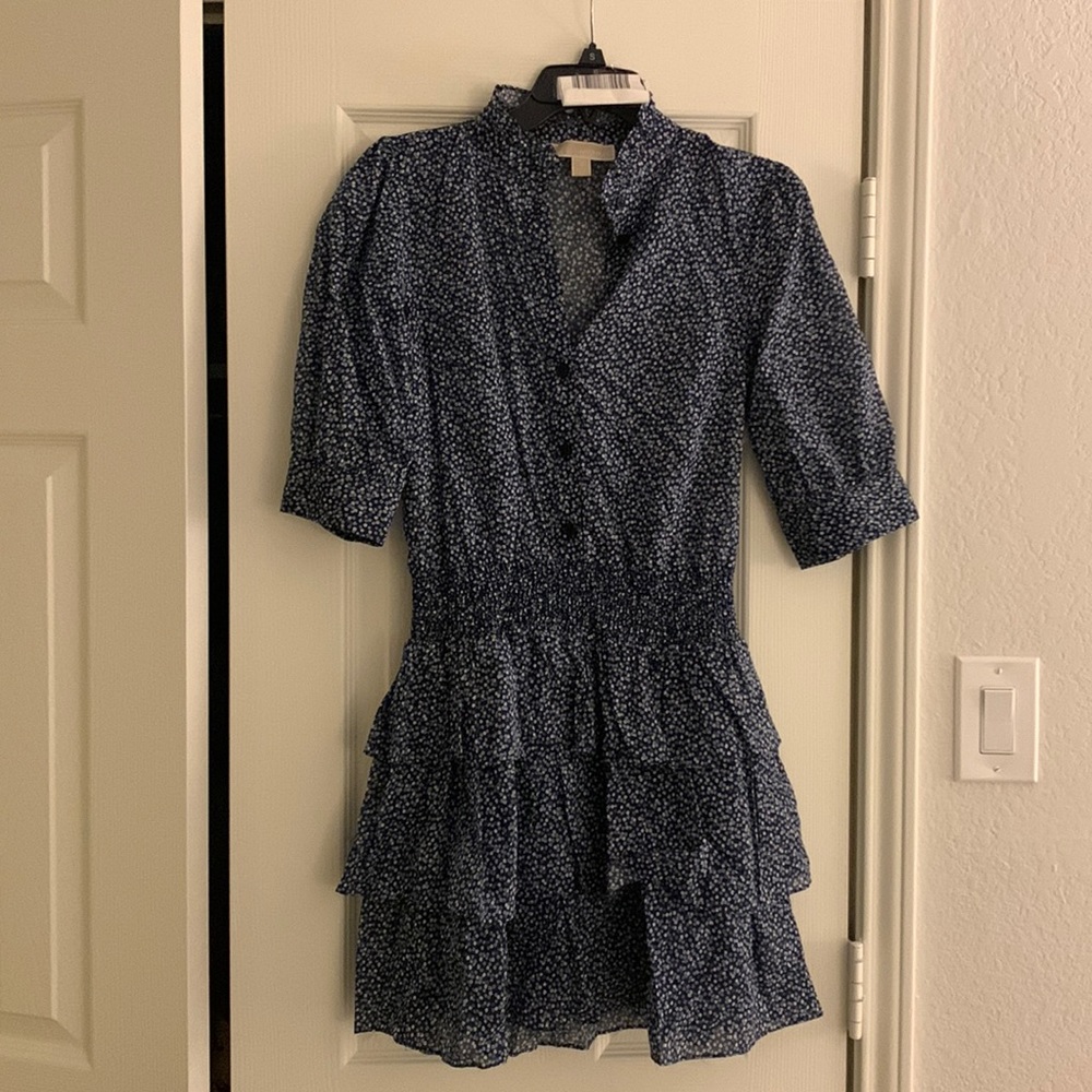 Michael Kors Blue Floral Ruffle Mini Dress, Size Small